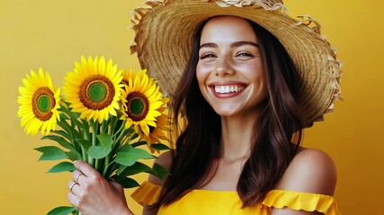 A young woman in a straw hat smiles brightly while holding a bouquet of sunflowers against a cheerful yellow background, capturing the essence of summer and carefree vacation moments.
