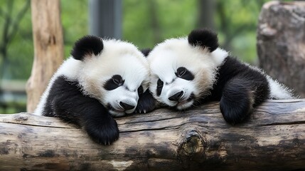 Fototapeta premium Adorable Baby Pandas Snuggling Together on a Log in a Natural Habitat : Generative AI