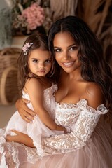 Naklejka premium A mother lovingly embraces her daughter while sitting in a beautifully decorated space. The scene captures their joyful connection, highlighted by soft lighting and warm tones