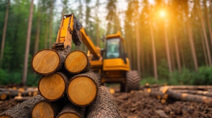 Logging operation in a forest heavy machinery nature early morning industrial process