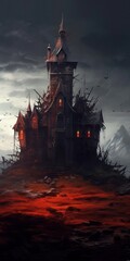 Naklejka premium A mysterious gothic castle shrouded in darkness, surrounded by eerie landscapes and menacing clouds.