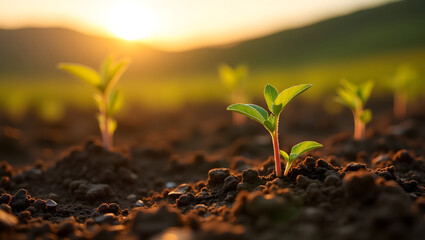 Young Green Sprouts Growing in Sunlit Soil