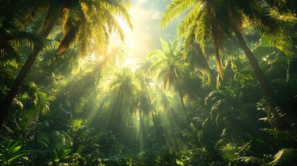 Obraz premium Tropical jungle sun rays, lush foliage, vibrant greens, paradise