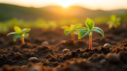 Young Green Sprouts Growing in Sunlit Soil
