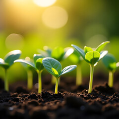 Young Green Sprouts Growing in Sunlit Soil
