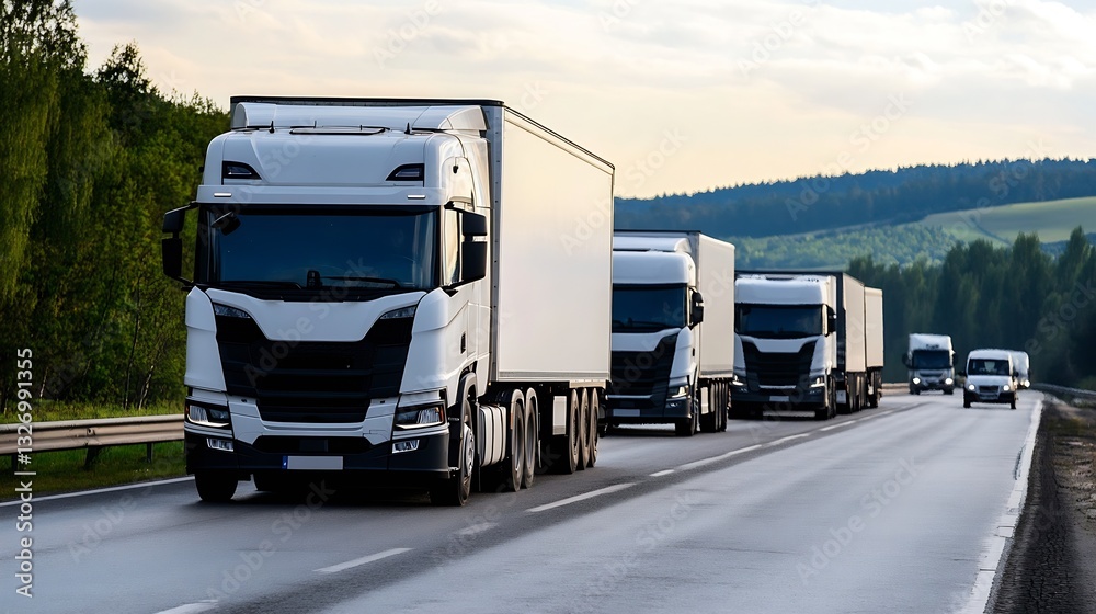 Poster fleet of modern trucks transporting goods on a highway during a cloudy day : generative ai
