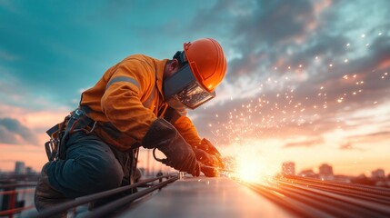 Fototapeta premium Construction worker welding at sunset urban skyline industrial cityscape low angle labor and safety