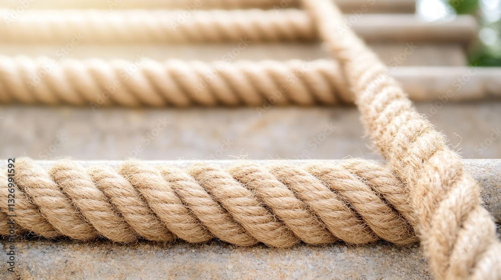 Aufkleber thick natural rope coiled on wooden steps creating a rustic and warm atmosphere : generative ai