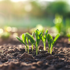 Young Green Sprouts Growing in Sunlit Soil