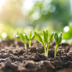 Young Green Sprouts Growing in Sunlit Soil