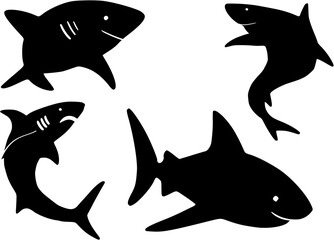 Predatory Shark Silhouettes - Marine Wildlife Illustration, Vector illustration of multiple shark silhouettes in various poses. Perfect for marine-themed designs, logos, and decorations.