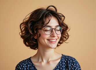 Obraz premium Happy Young Woman with Curly Brown Hair and Glasses Smiling Studio Portrait