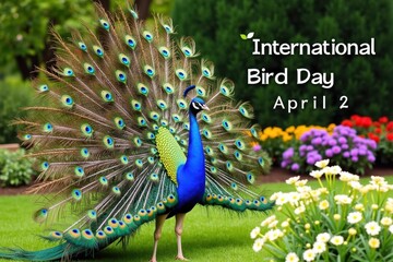 Obraz premium A majestic peacock displaying its colorful feathers in a lush garden, surrounded by vibrant flowers and greenery. The words 