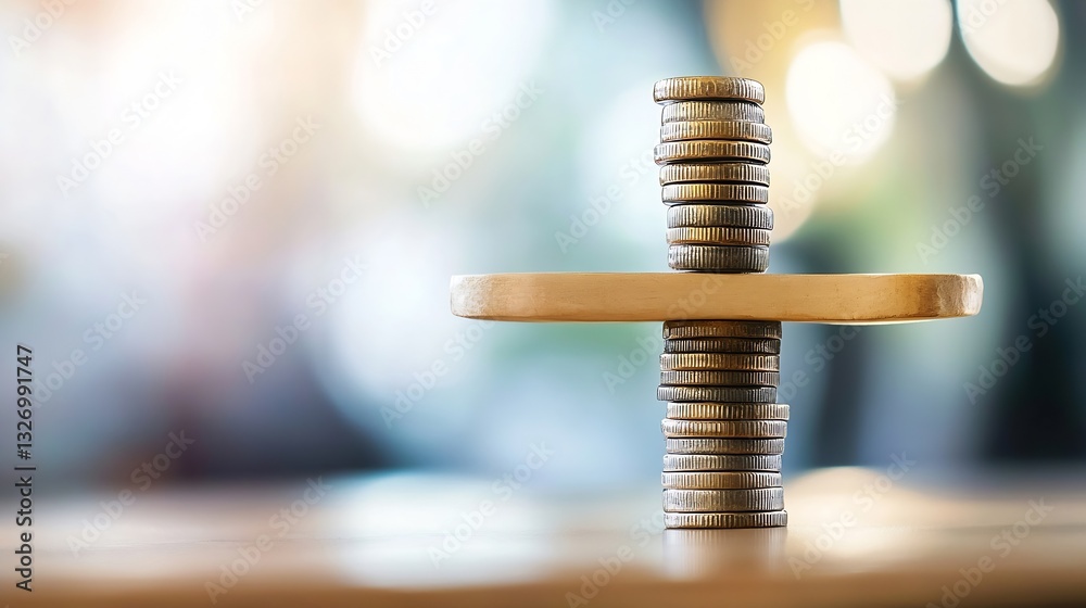 Poster a unique balance perspective of stacked coins evenly placed on a wooden board symbolizing economic e