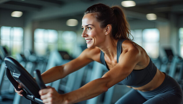Smiling woman exercising on stationary bike in gym