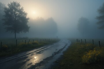 Obraz premium arafed road in the fog with trees and a fence