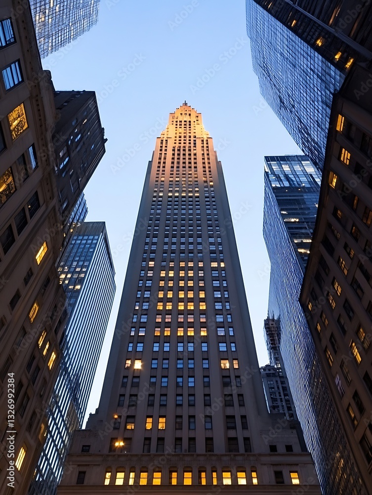 Poster majestic view of the iconic skyscraper at dusk highlighting its illuminated spire against the evenin