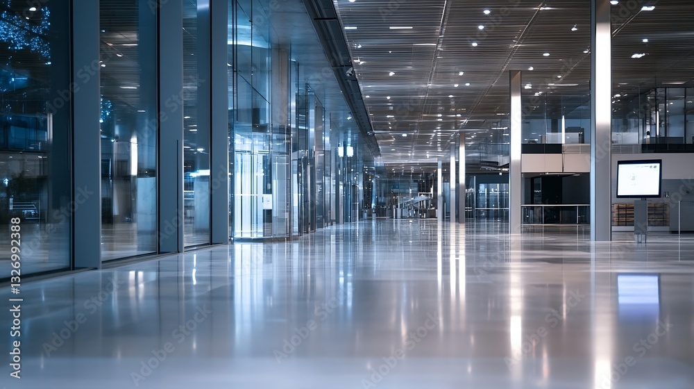 Aufkleber Modern empty office hallway with bright lights and spacious glass walls creating a sleek aesthetic : Generative AI