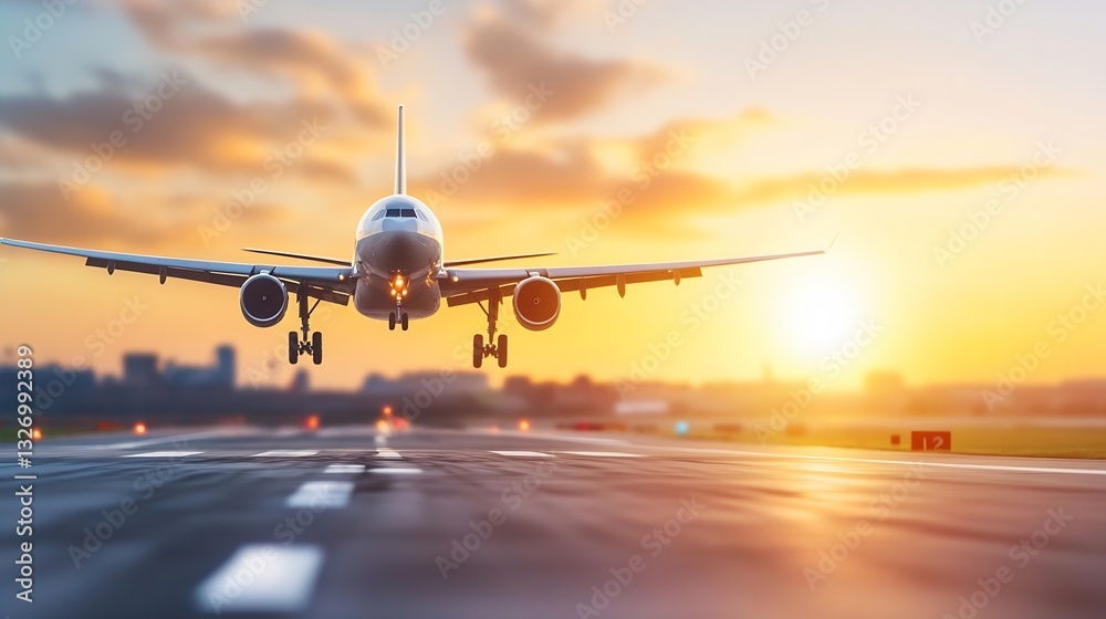 Poster airplane landing at sunset on runway with glowing lights creating a stunning travel scene : generati
