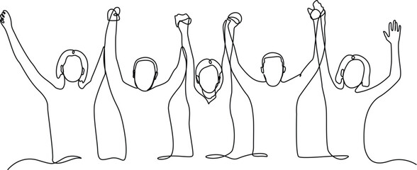 5 people men and women standing and holding hands continuous line drawing. 