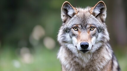 Fototapeta premium Close up portrait of a majestic wolf with captivating eyes in a natural green environment : Generative AI