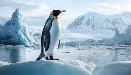 Fototapeta premium Emperor penguin standing on ice floe in antarctica, observing icy landscape