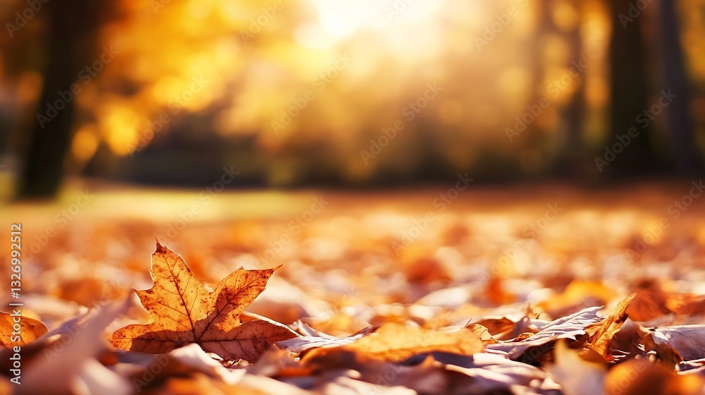 Poster autumn leaves scattered across the ground glowing in warm sunlight creating a cozy and inviting atmo