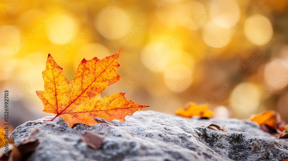 Fototapete Beautiful close up of a vibrant autumn leaf resting on a rock with blurred background : Generative AI