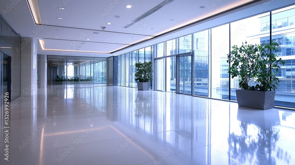 Poster modern office interior with large glass windows and plants creating an inviting atmosphere : generat