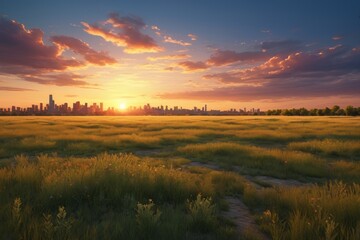 Obraz premium sunset over a field of grass with a city in the distance