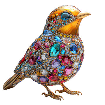 Shiny Gold Sculpture of Colorful Mynah Bird Adorned with Sparkling Gems and Intricate Details