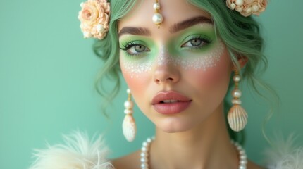 Dreamy young woman with fantasy mermaid makeup against mint background