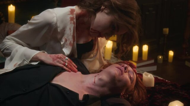 Blood-stained and leaning over bitten, unconscious man vampire woman in white blouse resting her hands on his chest in dimly lit, candlelit room