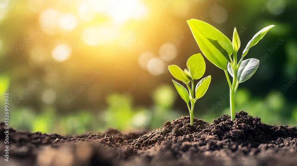 Aufkleber freshly sprouted seedlings emerging from rich soil with a glowing backdrop : generative ai