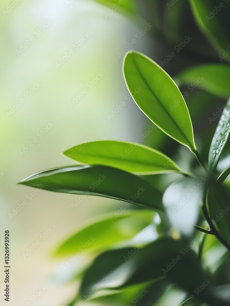 Poster lush green leaves bathed in soft sunlight reflecting freshness and vitality in a botanical setting :
