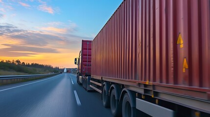 Large red shipping truck transporting cargo on an open highway during a vibrant twilight sky : Generative AI
