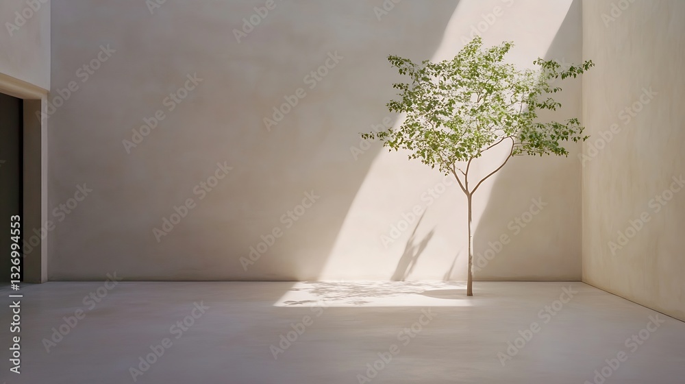 Poster a minimalist indoor space featuring a single tree casting shadows on a smooth floor : generative ai