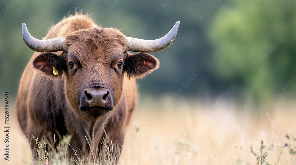 Poster close up of a highland cow with striking features in a vibrant green field at sunset : generative ai