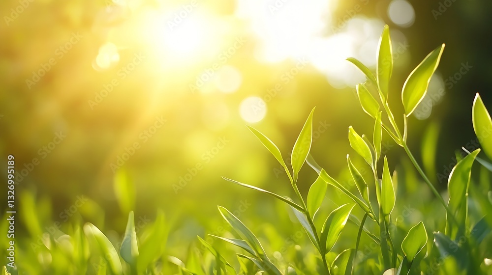 Aufkleber vibrant green leaves glowing in sunlight with a dreamy bokeh background effect : generative ai