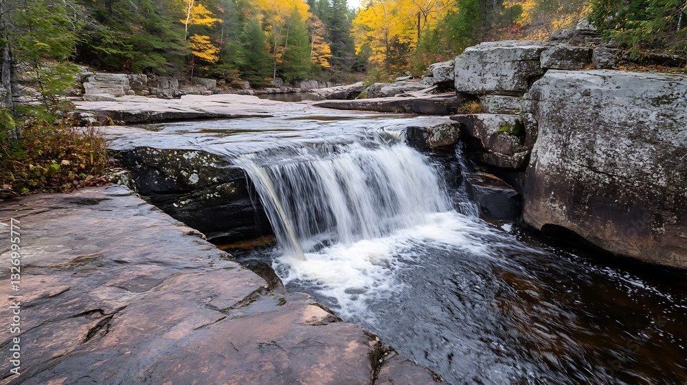 Aufkleber a serene view of a tranquil waterfall cascading over smooth rocks surrounded by autumn foliage : gen
