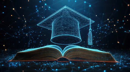 Naklejka premium Digital Graduation Cap Over Open Book