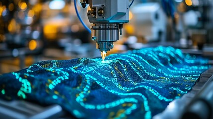 Close-up of advanced robotic arm precisely printing intricate designs onto a textile surface using a high-tech process.
