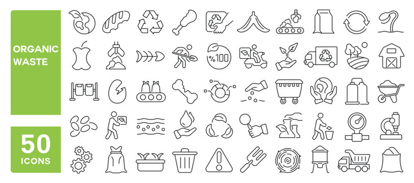 Set of 50 line icons related to organic waste, recycle, food scrap, farming, sorting, ecology, rotten, waste management, zero waste, fertilizer, Editable stroke. Vector illustration