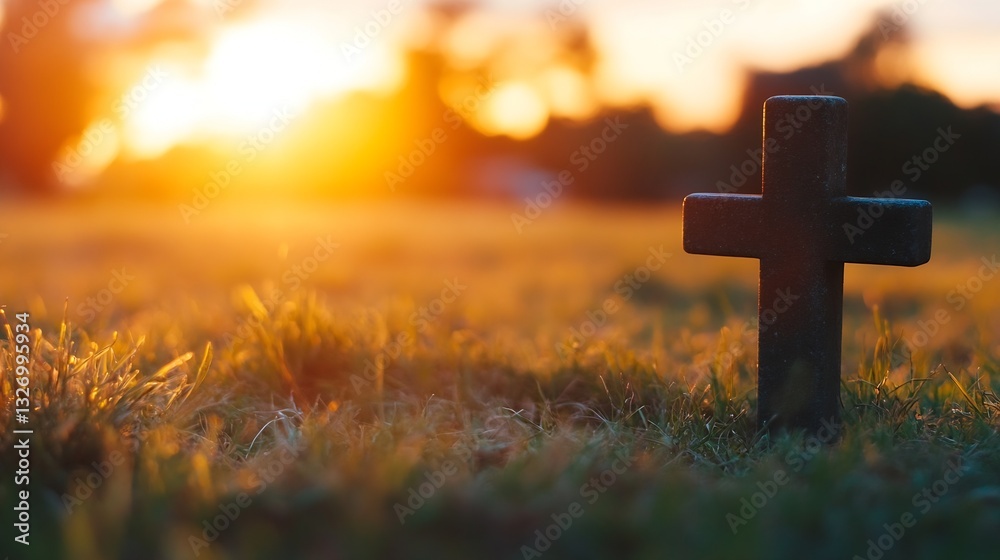 Poster silhouetted cross against a vibrant sunset backdrop creating a powerful spiritual scene : generative