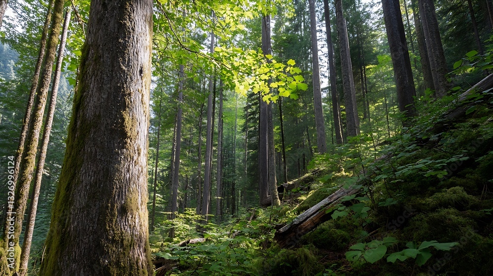 Poster lush green forest with sunlight filtering through tall trees and vibrant nature : generative ai