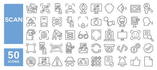 Set of 50 line icons related to scan, recognition, identity, biometric, qr code, camera, facial, fingerprint, voiceprint, eye print, bar code, scanner, Editable stroke. Vector illustration