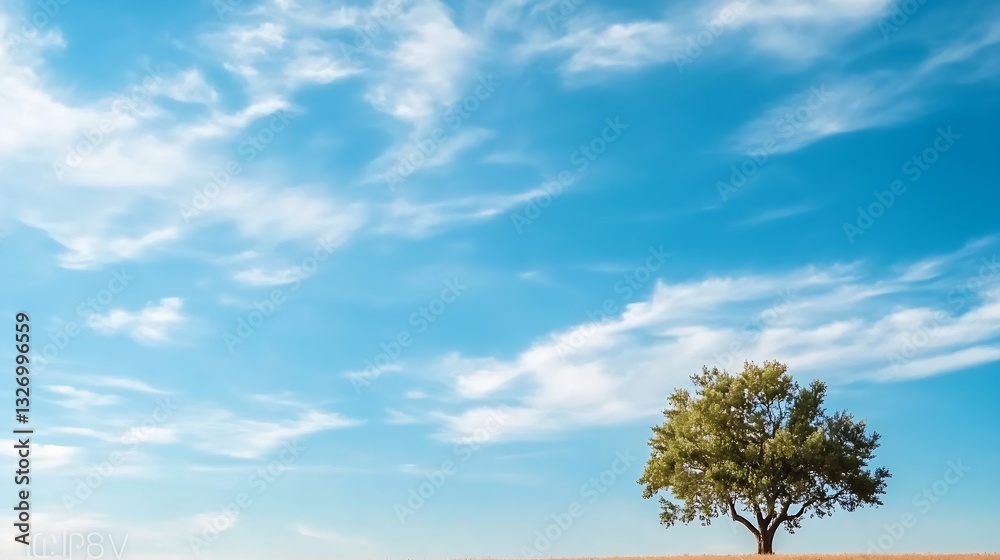 Poster Lone Tree Against a Backdrop of Blue Sky with Wispy Clouds and Gentle Horizon : Generative AI