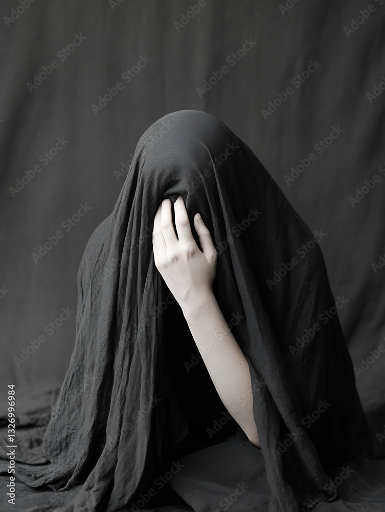 Poster A person covered in a flowing black fabric evokes a sense of mystery and introspection in a dimly lit space : Generative AI