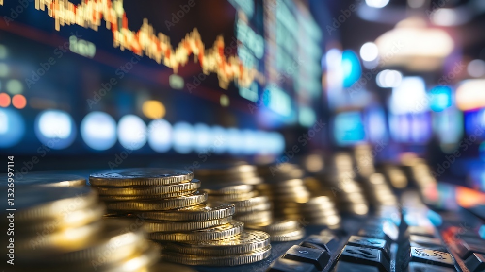 Leinwandbilder Stacks of shiny golden coins on a keyboard suggesting digital finance and wealth management : Generative AI