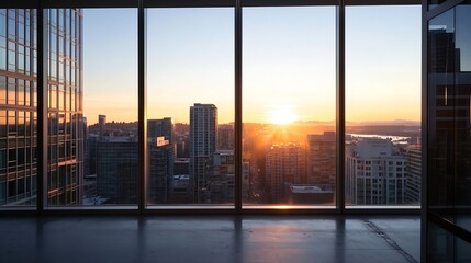 Fototapeta premium Stunning urban sunset view through glass windows highlighting skyscrapers and vibrant cityscape : Generative AI